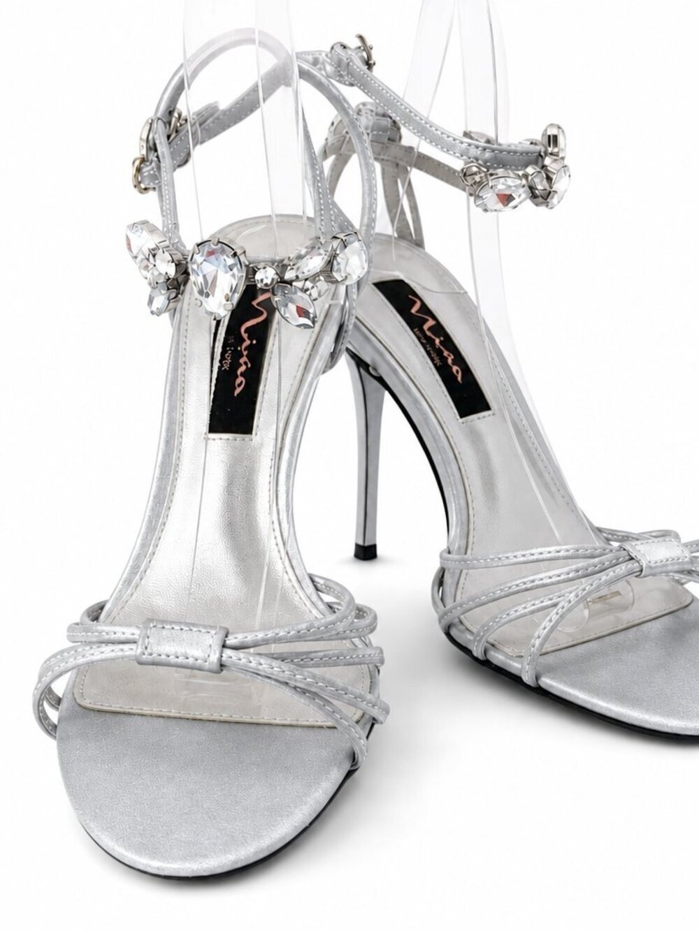SALE-Nina Cara Silver Satin Rhinestone Heels Size 6 | Elegant 4” Strappy Heels